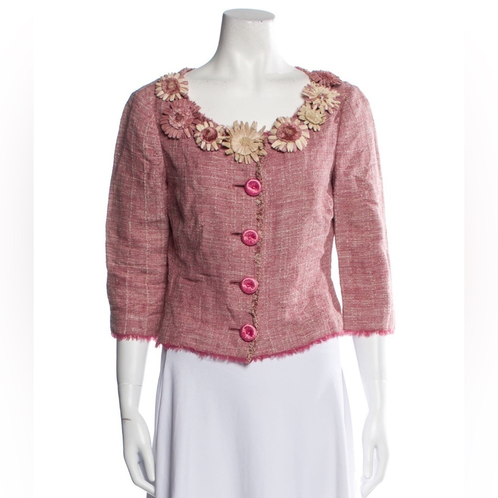 Moschino Tweed Knit Pink Raw Edge Linen Blend Embellished Collarless Jacket 42/8